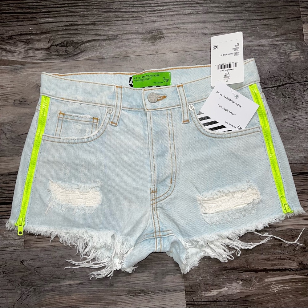 Sandrine Rose xFree People Light Wash Neon Side Zips Fray Hem Cutoff Jean Shorts - Picture 2 of 9